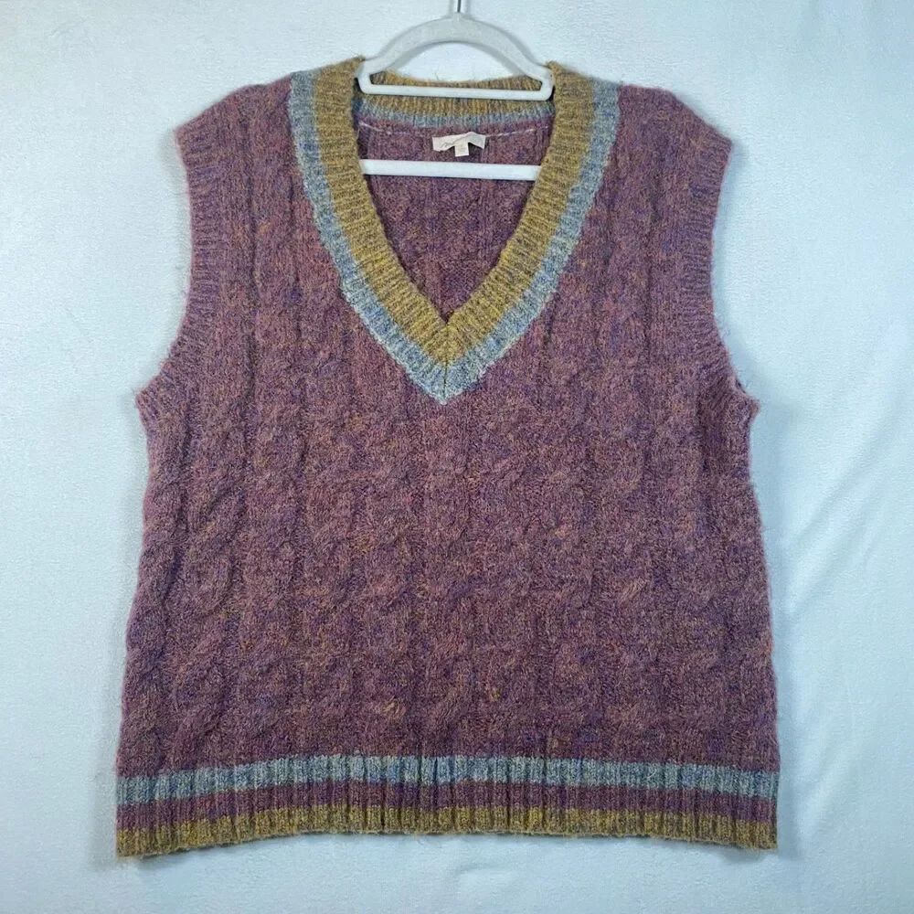 Mystree Cable Knit V-Neck Sweater Vest Purple Multicolor Trim Women’s Size L